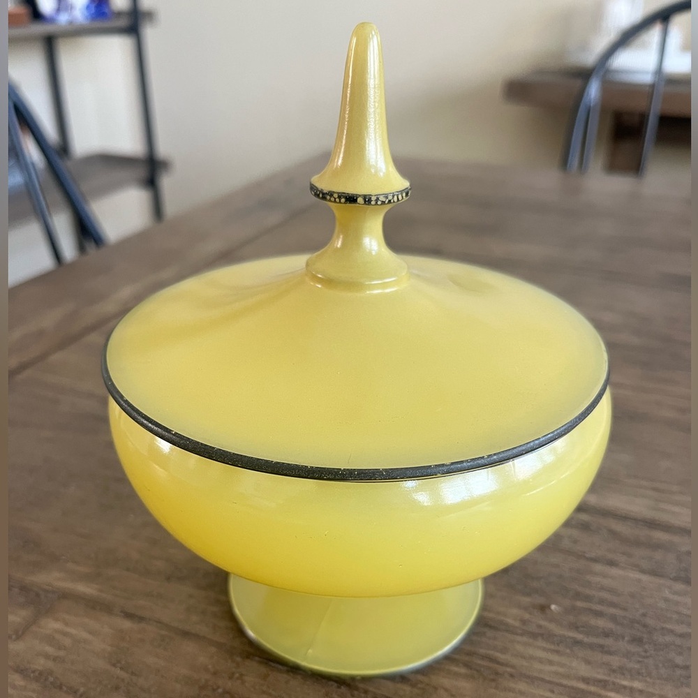 Vintage Czech Glass Art Deco Candy Dish Compote Reverse Painted Yellow On Black